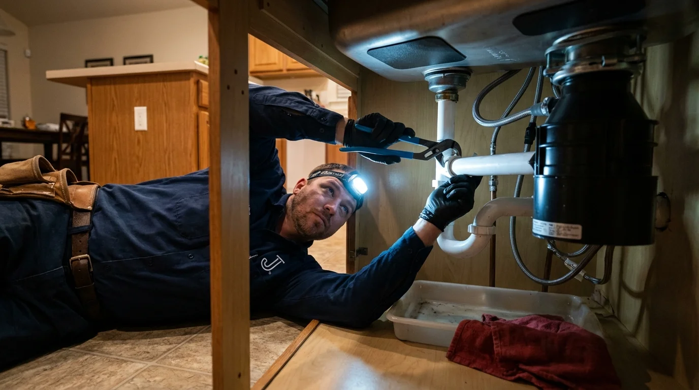 P-trap and supply line connections under a kitchen sink showing a common leak point in Spring Hope, NC